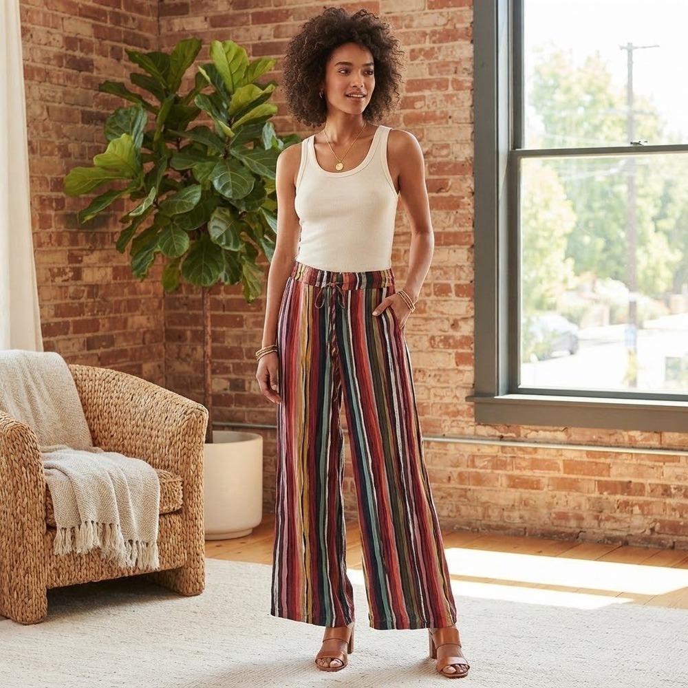 Free People Womens XS Multicolor Vertical Stripe Wide Leg Drawstring Pants